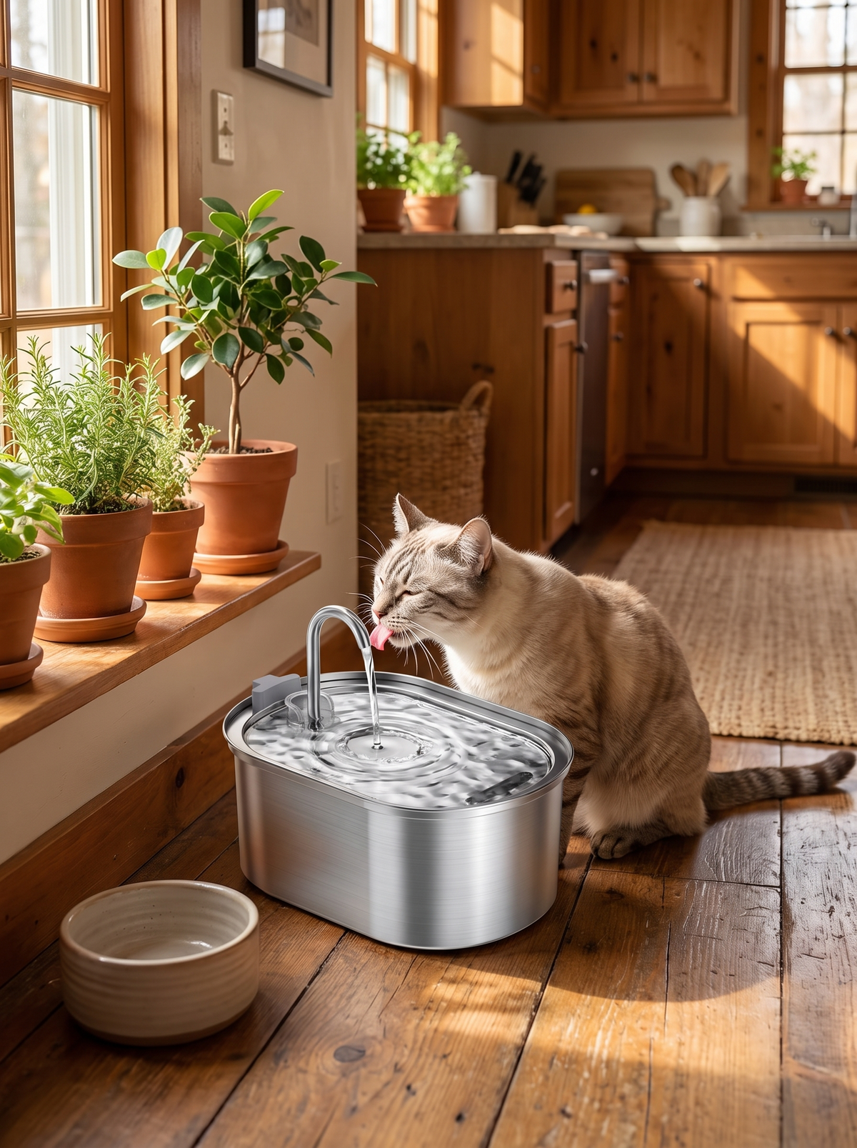 Cat lapping from the smart fountain's flowing stream in warm kitchen