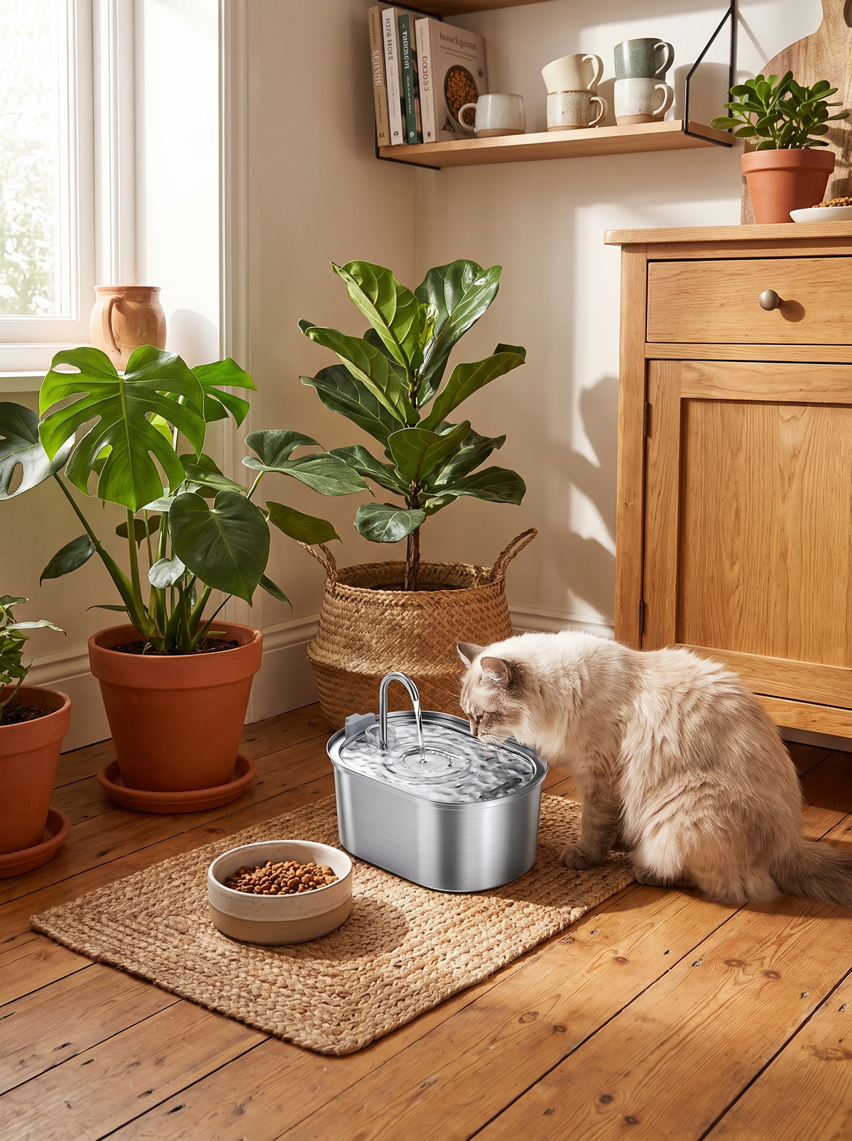 Water fountain blending into styled Scandinavian kitchen corner