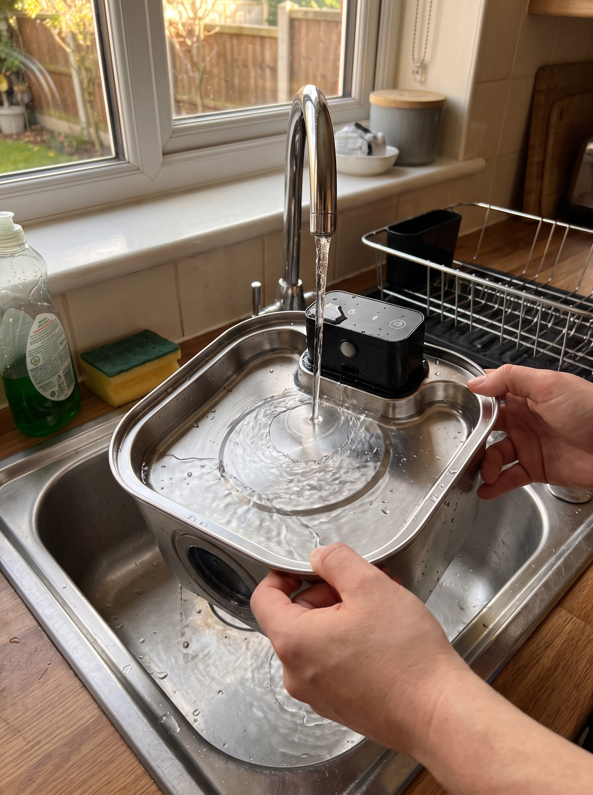 Hands rinsing the stainless steel bowl of the cat fountain