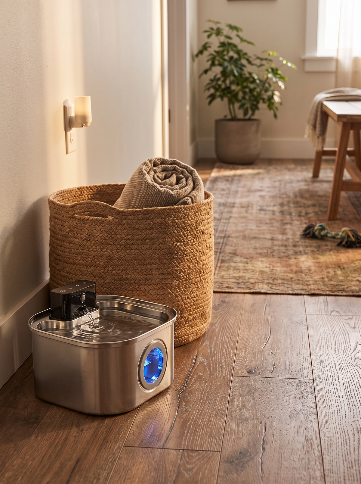 Compact steel cat fountain in a hallway with no cable to a socket