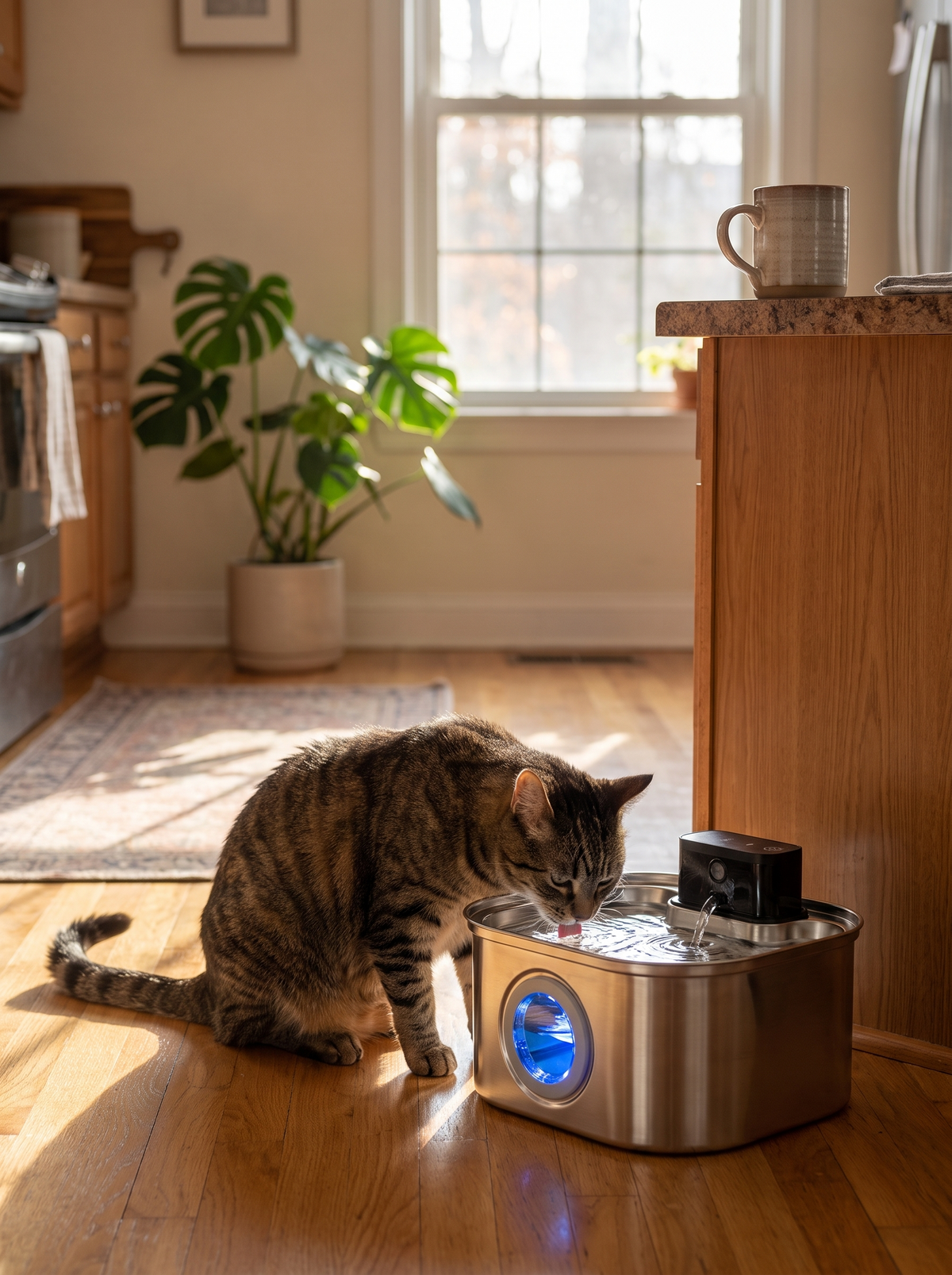 Cat drinking from the stainless steel sensor fountain in morning light