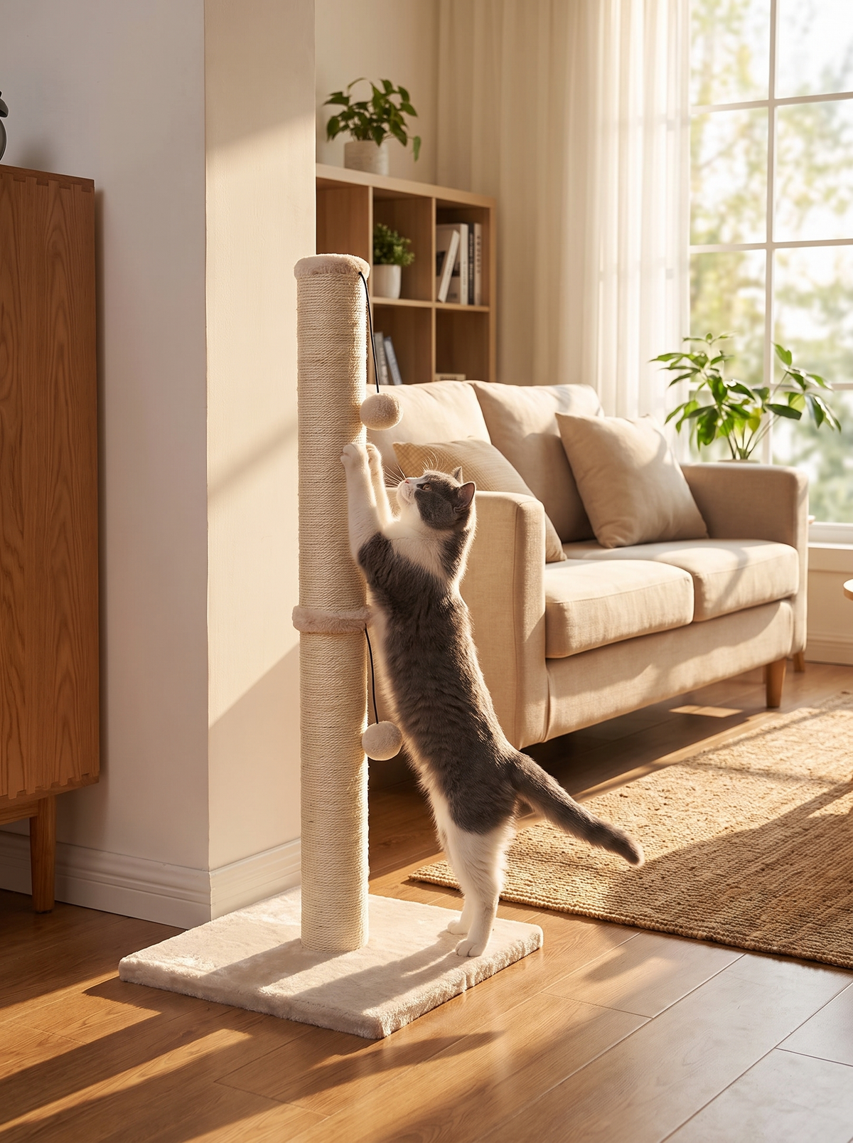 Cat at full stretch scratching the tall sisal post in warm living room