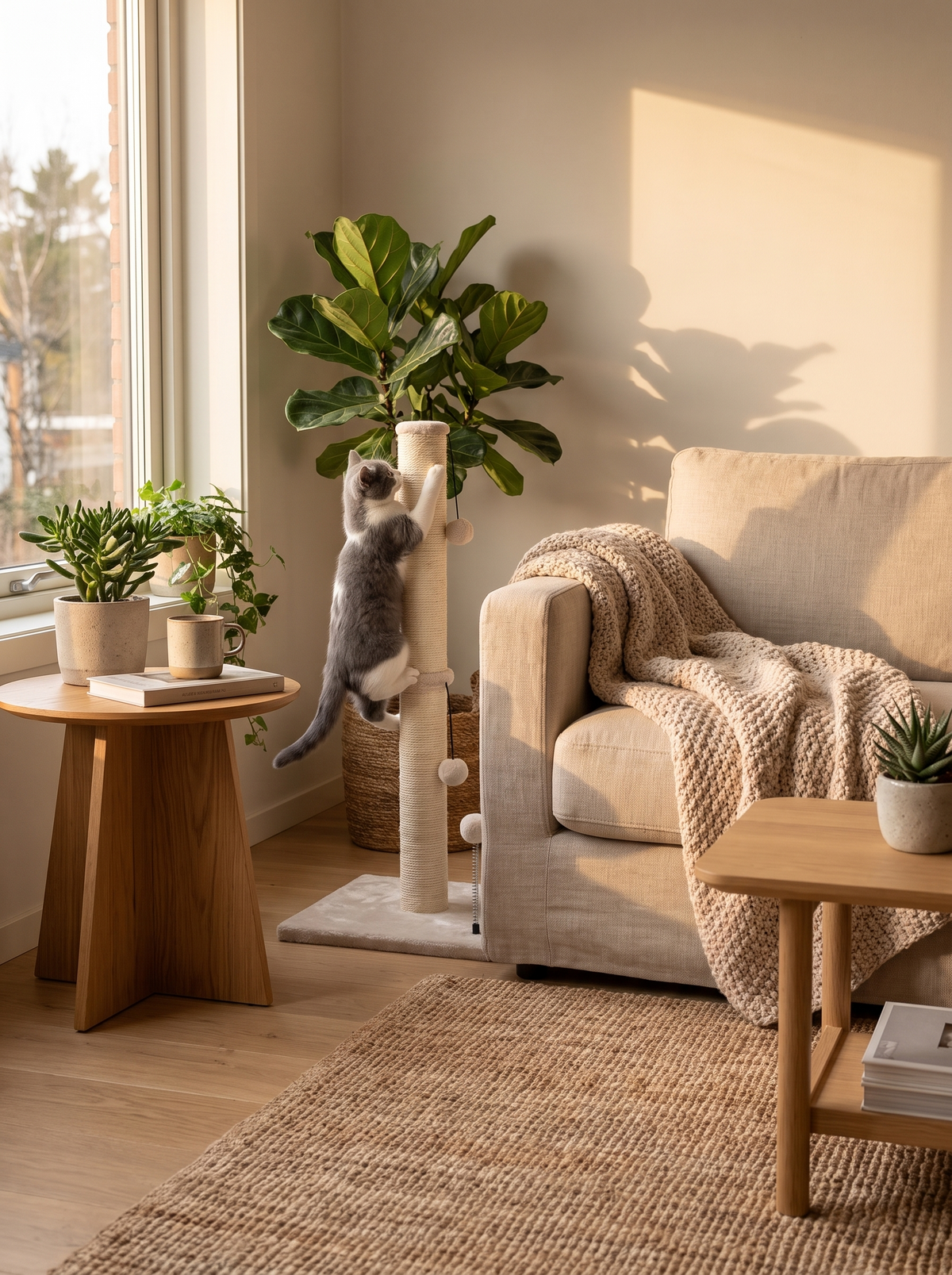 Scratching post blending into styled Scandinavian living room corner