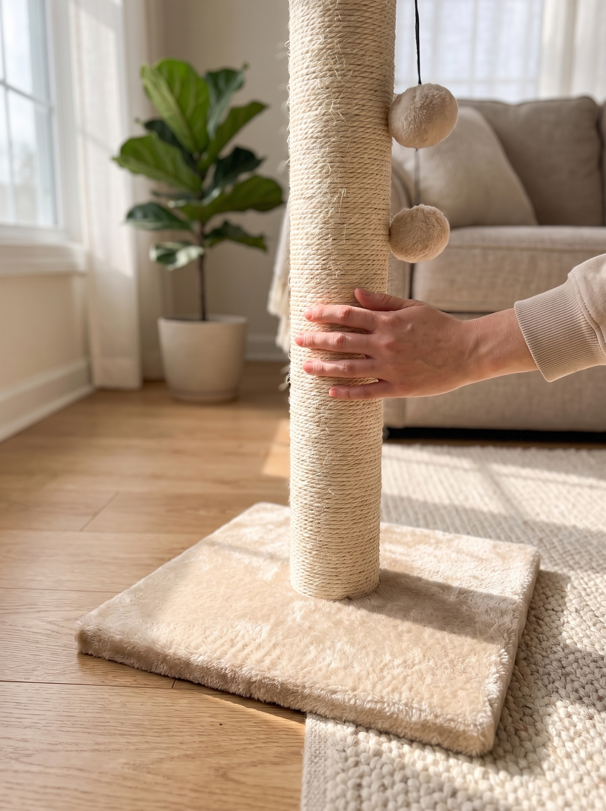 Close detail of dense sisal wrap and plush base with hand resting on post