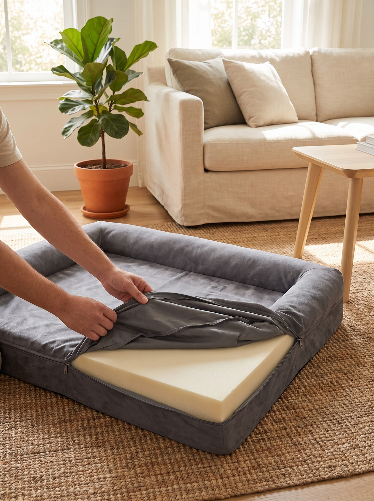 Hands removing the washable cover from the large foam dog bed