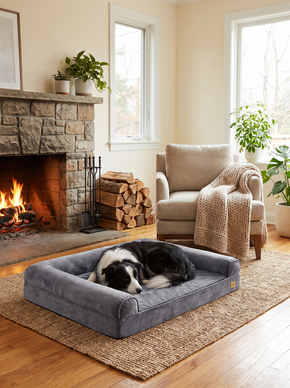 Grey orthopedic dog bed beside a fireplace in a calm living room