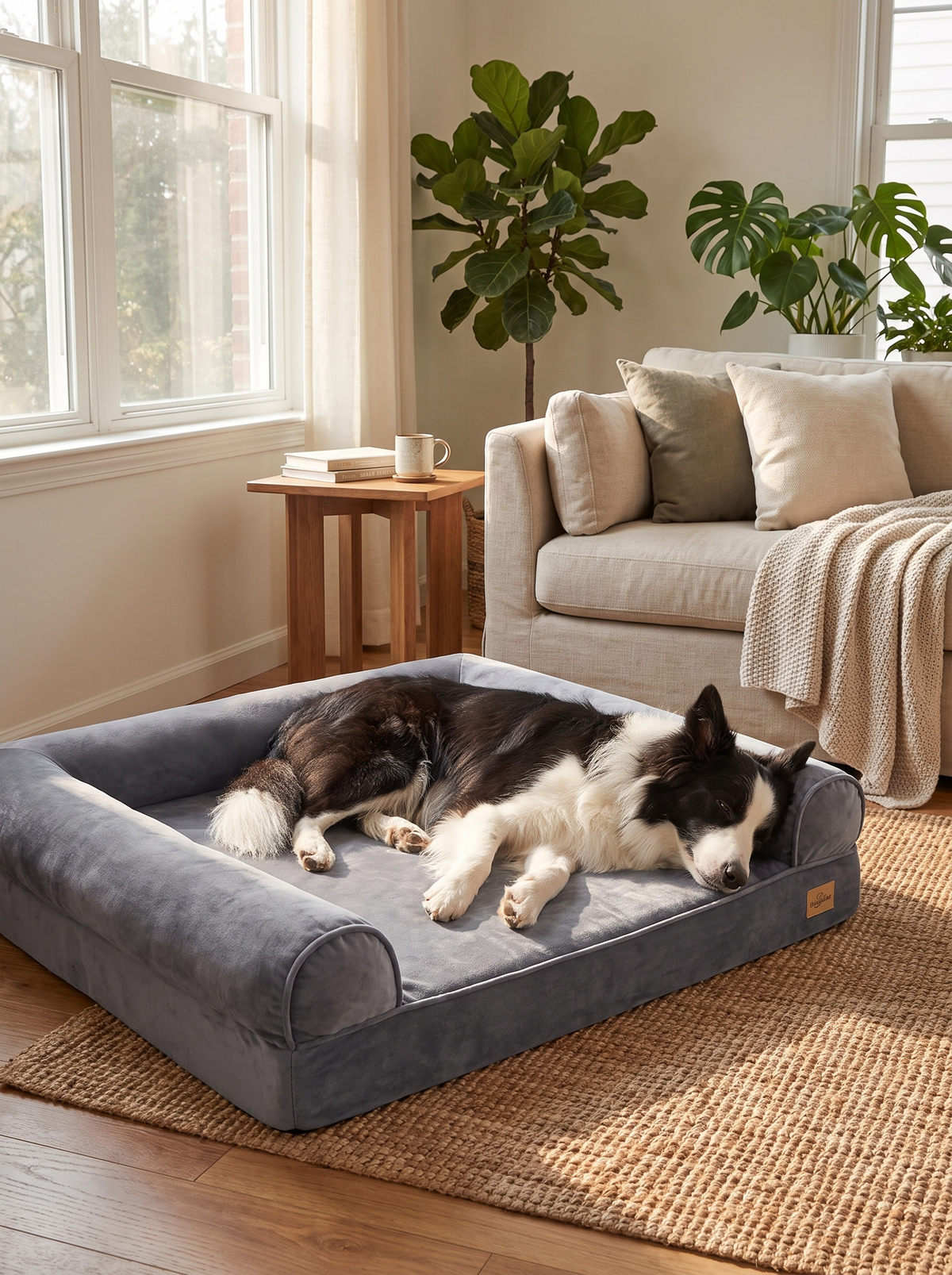 Large dog sprawled across the extra large orthopedic dog bed